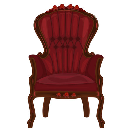Red armchair isolated on white background. Soft armchair with upholstery. Vintage cushioned furniture. Retro chair or couch for rest and relax. Part of interior of living room or office. Front view. Stock vector illustrationのイラスト素材