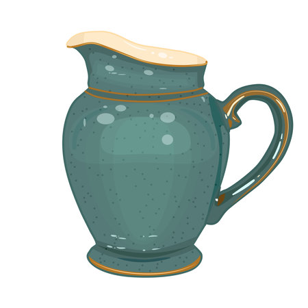 Pottery isolated on white background. Ceramic pitcher. Clay old jug. Earthen pot or carafe.  Earthenware vessel or decanter. Fictile tableware. Rustic green utensil. Vintage porcelain crockery. Stock vector illustrationのイラスト素材