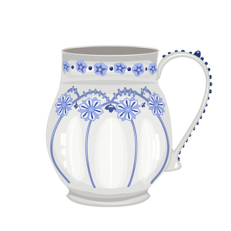 Pottery isolated on white background. Ceramic mug. Clay old cup. Earthen tankard, glass or toby. Earthenware pipkin or cannikin. Fictile tableware. Rustic utensil. Vintage porcelain crockery. Stock vector illustrationのイラスト素材