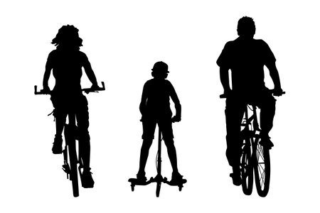 Family of cyclists silhouette isolated on white background. Happy family riding bicycle together. Little boy riding bicycle with parents. Mother and father with kid outdoor enjoying in bike driving. Biker family. Stock vector illustrationのイラスト素材