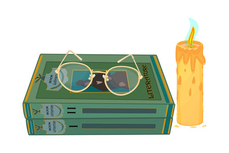 Candle and eyeglasses on books isolated on white background. Magic, esoteric, witchcraft or mystery book. Relaxation at home. Bookstore, bookshop, library, book lover, bibliophile, education concept. Stock vector illustrationのイラスト素材
