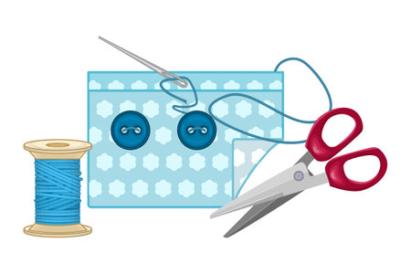 Fabric, button, scissor and spool for thread isolated on white background. Tailors set. Sewing supplies for handmade. Needlework tools. Symbol for sewing salon or seamstress. Stock vector illustrationのイラスト素材