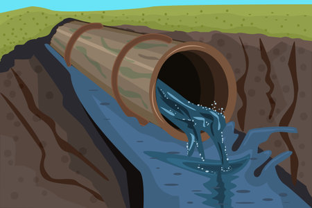 Wastewater and sewer pipe isolated on white background. Dirty water flowing from tube. Ecological disaster, dirty toxic effluents, environmental pollution. Industrial pipe releases toxic waste into ditch. Stock vector illustrationのイラスト素材