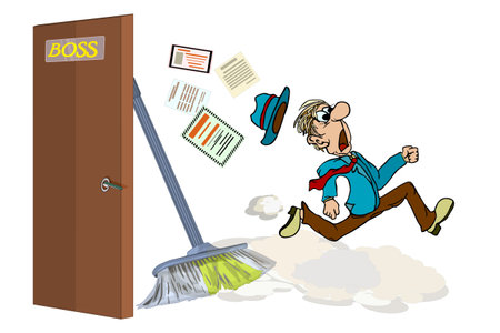 Boss with employee. Officer and flying pages of documents or reports. Company boss lay off employee. Rejected finance reports. Conflicts at work. Personnel management. Stock vector illustrationのイラスト素材