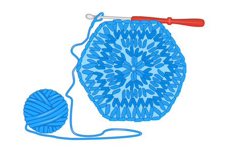 Knitwear, ball of yarn and crochet hook isolated on white background. Crochet handmade Granny square pattern, blue yarn coil, hook. Symbol of hobby, needlework, homework. Tools for knitwork, andicraft, crocheting, hand-knitting. Vector illustrationのイラスト素材