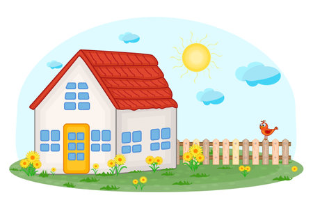 Country house. Cartoon rustic cottage, fence, lawn and sky. Rural landscape. Summer ranch or farmhouse scenery. Small village house with fence on meadow. Sunny day outside city. Stock vector illustrationのイラスト素材