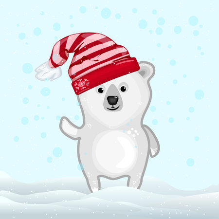 Christmas polar bear on snow background. Celebration teddy in santa claus hat with falling snowflakes. Cartoon white bear with red holiday cup. Festive winter time. Xmas Arctic animal. Stock vector illustrationのイラスト素材