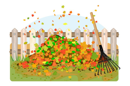 Leaf rake and pile of colorful autumn leaves near fence. Raking autumn leaves. Heap of colorful foliage lies on grass. Season fall. Seasonal cleaning garden or park. Organic waste collect. Stock vector illustrationのイラスト素材