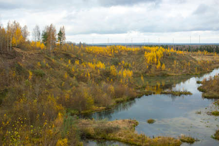 Golden autumn on the swamp. Dawn in the swamp in the Leningrad region. Autumn on the Karelian...
