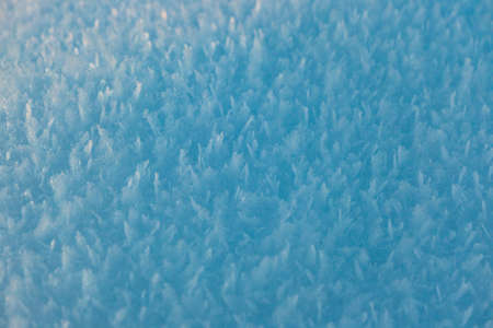 Snow texture with snowflakes close-up. Snow background for Christmas card or wallpaper. Blue macro...