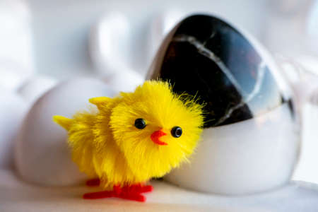 Boiled egg chickens in egg box. Easter decor - a small yellow chicken stands in a cassette in the...