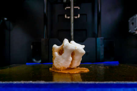 printing vertebrae on a 3d printer. artificial body parts printed on a 3d printer. New era of medicine. printing on a 3d printer. orange trident is printed with plastic on a 3d printerの写真素材