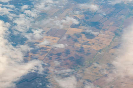 Aerial photo of Farmland . Agricultural Landscape. a pattern of round and rectangular compressed,...