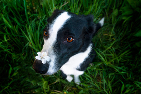 A happy dog in flowers. The pet is smiling.a cheerful border collie dog holds a cherry blossom on its noseの写真素材