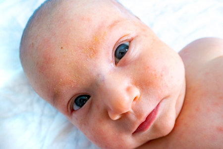 baby allergy skin. child dermatitis symptom problem rash. suffering atopic symptom on skin cheeks....