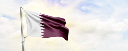 Qatar flag waving on sky background. 3D Rendering