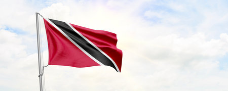 Trinidad and Tobago flag waving on sky background. 3D Renderingの写真素材