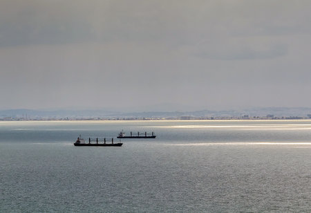 Two Ships Sailing on the Seaの写真素材