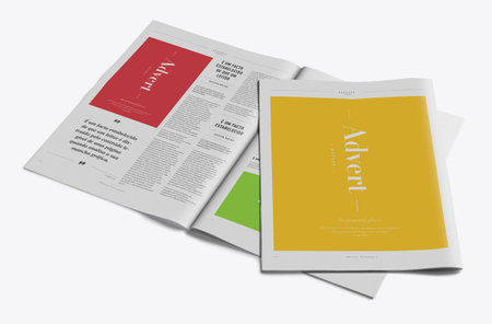 Newspaper Advertising Banner on Magazine, Brochure Mockup 3D Rendering on Isolated Backgroundの写真素材