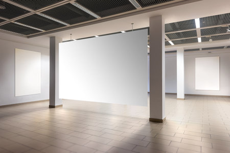 3D Rendering of Poster Exhibition Gallery Mockups in a Hall Interiorの写真素材