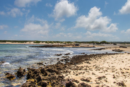 Deserted Wild Beach with Mountains and Sea in Tunisia, North Africaの写真素材