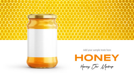 Clear Glass Honey Jar Mockup for Packaging Label 3D Rendering on Isolated Backgroundの写真素材