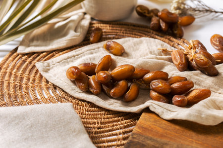 Close-up of fresh organic dates on a rustic woven mat with linen cloth, showing their golden-brown...