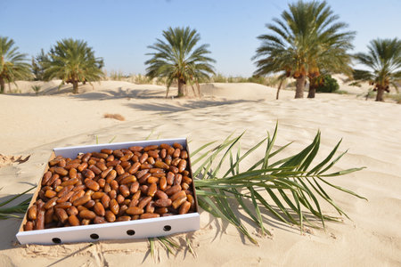 Plastic box of fresh Tunisian dates on desert sand with green palm leavesの写真素材