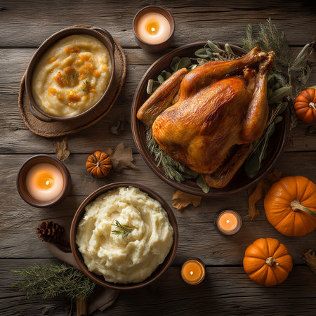Top view of turkey, potatoes, pumpkins, candles on rustic table. AI generatedの素材