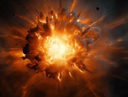 Huge fiery explosion with smoke, sparks and glowing debris in dark skyの素材