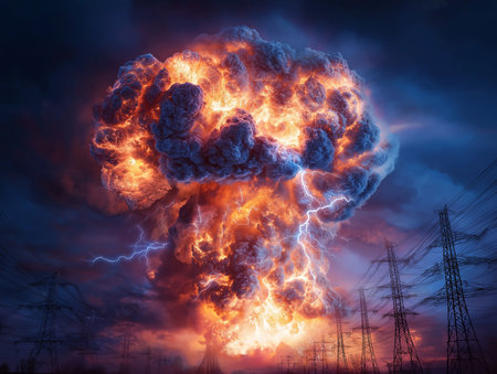 Huge fiery explosion with lightning bolts near power lines at duskの素材