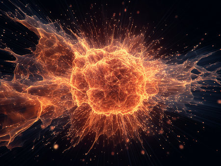 Abstract glowing plasma explosion with light trails and energy particlesの素材
