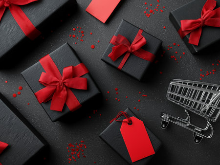 Black Friday flat lay with black gift boxes, red ribbons and shopping cartの素材