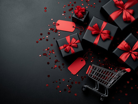 Black Friday flat lay with black gift boxes, red ribbons and shopping cartの素材