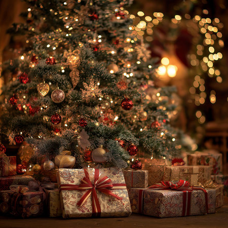 Decorated Christmas tree with gifts and lights. AI generated photo.の素材