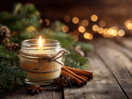 Warm candle with pine and cinnamon on wood. AI generated photo.の素材