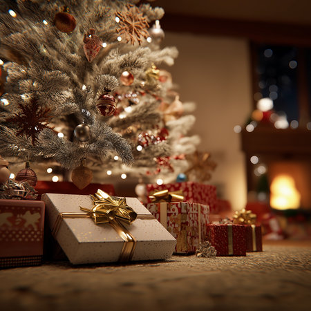 Warm cozy Christmas room with gifts. AI generated photo.の素材