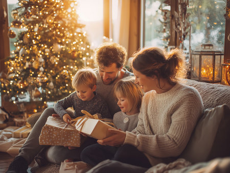 Happy family exchanging gifts on Christmas morning. AI generated photo.の素材