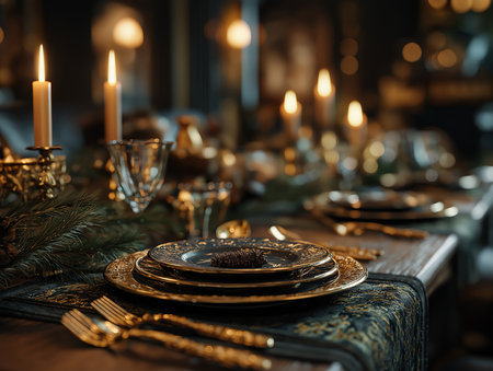 Festive dinner table with candles and gold decor. AI generated photo.の素材