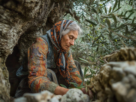 An elderly woman carefully harvests olives from a tree, AI generated photoの素材
