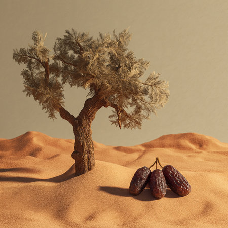A tree stands in the desert with dates in the foreground, creating a serene and natural sceneの素材