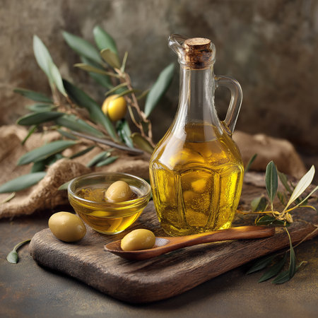A rustic still life showcases olive oil, olives, and olive branches, evoking the essence of Mediterranean cuisineの素材