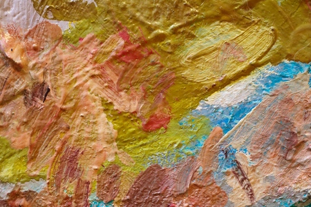 Oil Painting closeup texture background with brown, red, blue, gray, green, yellow, orange, white, purple, pink colors vivid colorful creativeの写真素材