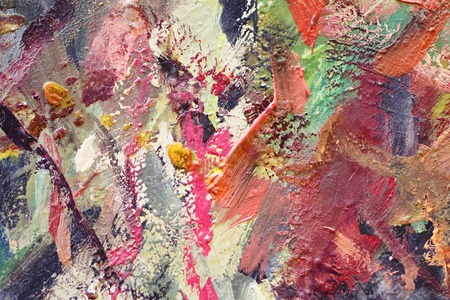 Oil Painting closeup texture background with brown, red, blue, gray, green, yellow, orange, white, purple, pink colors vivid colorful creativeの写真素材