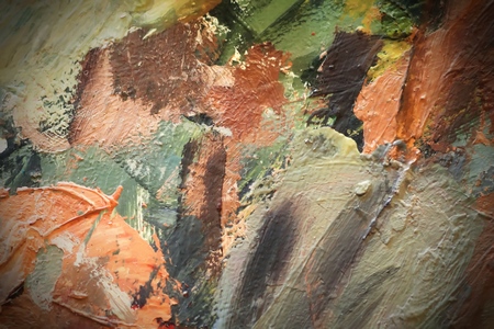 Oil Painting closeup texture background with brown, red, blue, gray, green, yellow, orange, white, purple, pink colors vivid colorful creativeの写真素材
