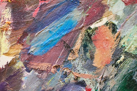 Oil Painting closeup texture background with brown, red, blue, gray, green, yellow, orange, white,...