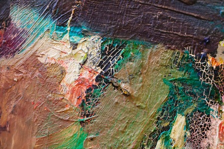 Oil Painting closeup texture background with brown, red, blue, gray, green, yellow, orange, white,...