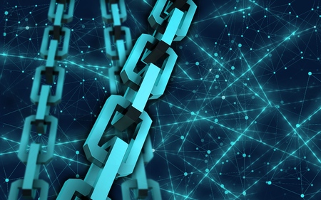 Block chain concept. Connections system and global datas exchange. For print, design, web, banners, media, illustrations. Blue background.の写真素材