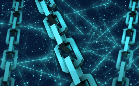 Block chain concept. Connections system and global datas exchange. For print, design, web, banners, media, illustrations. Blue background.の写真素材