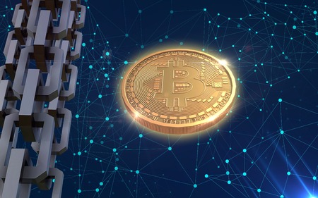 Golden bitcoin digital currency, futuristic digital money, technology worldwide network concept. Virtual cryptocurrency. Futuristic digital money. Mining and blockchain technology.の写真素材